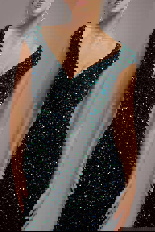 Multi Sequin & Velvet Bardot Maxi - Emerald Green DR3512