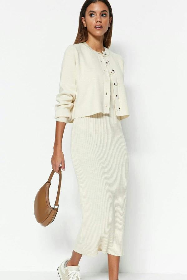 Hoxton Gal 2-Piece Midi Knit Basic Dress with Cardigan