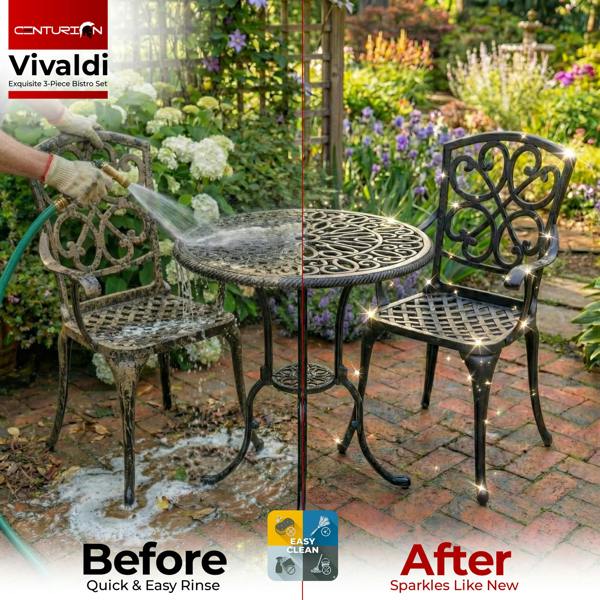 Centurion Supports VIVALDI Black 3-Piece Cast Aluminium Garden Bistro Set - with Green Cushions