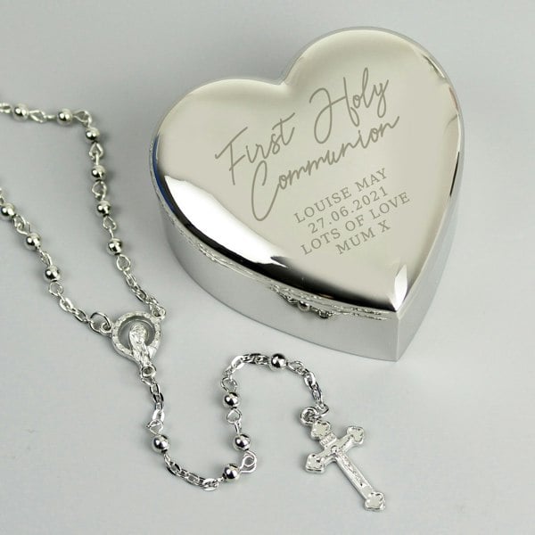 Personalised Memento Company Personalised First Holy Communion Rosary Beads and Cross Heart Trinket Box