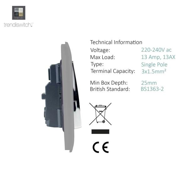 Trendi Switch 1 Gang 13 Amp Switched Plug Socket in Light Grey
