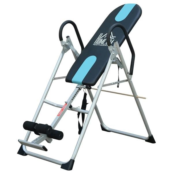 Foldable inversion table with black-and-blue backrest, white frame, ankle supports