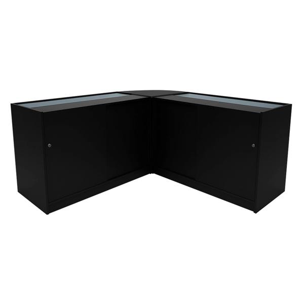 Triton LED Shop Counter Set in black, featuring sleek design, glass display tops, and ample storage space with smooth finishes