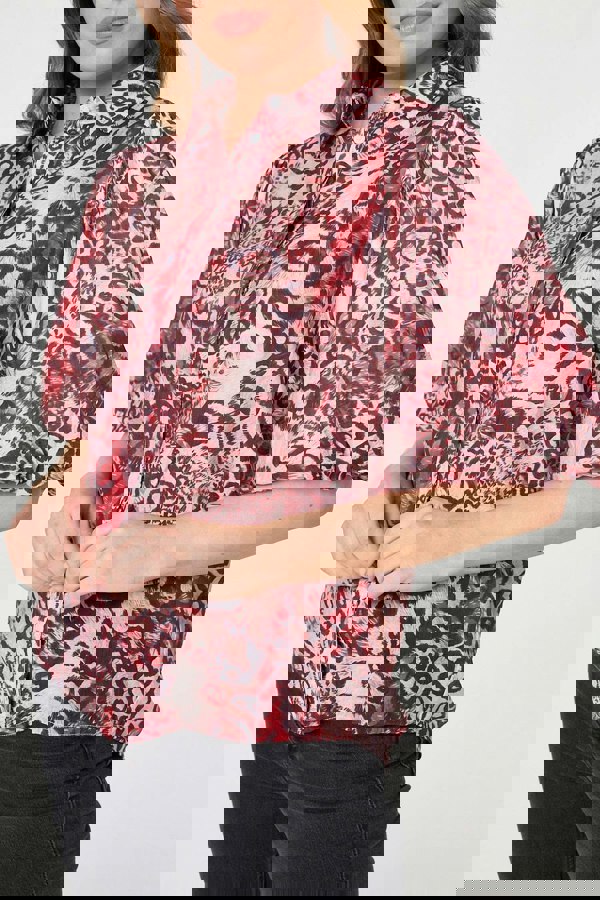 Red | Animal Print Puff Sleeve Shirt 
