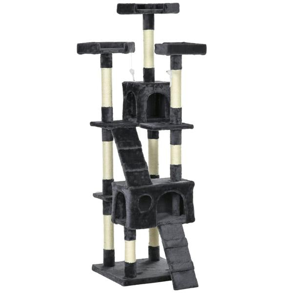 Charcoal grey cat tree with scratching posts, platforms, and enclosed scratching house