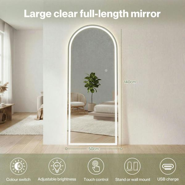 Yezi Full Length Mirror Arched LED Touch Buttons Light-Adjustable 140x50cm White