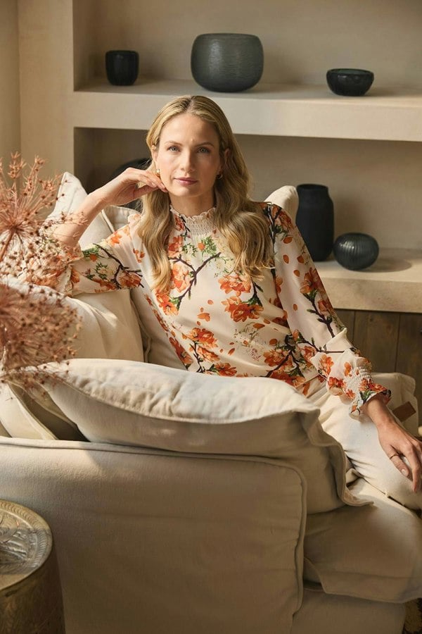 Orange | Floral Shirred High Neck Blouse: Model is 5'10"/178 cm and wears UK10/EU38/US6/AUS10