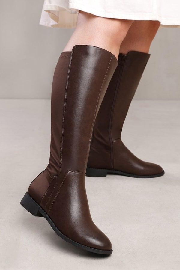 Where's That From Parker Stretch Wide Calf Knee High Boots With Side Zip In Wide E Fit In Dark Brown Faux Leather