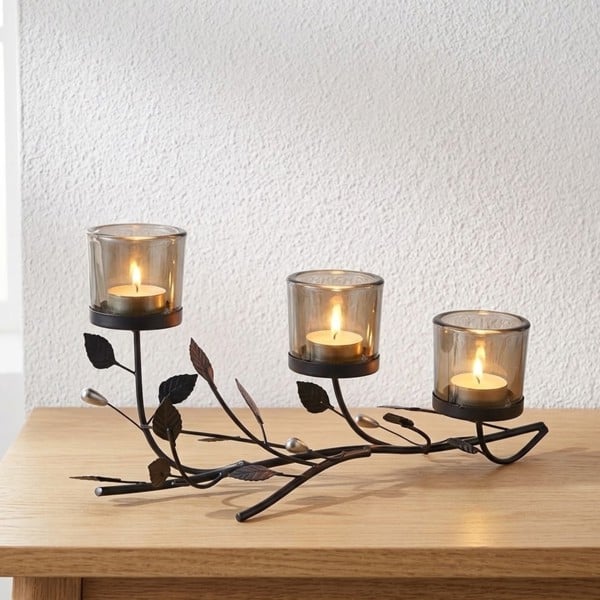 Garden Greatness Black Metal Leaf Triple Tealight Holder