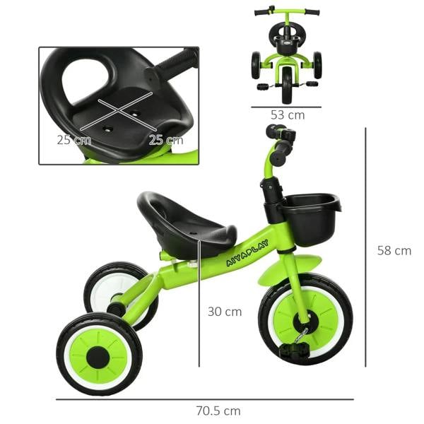 Green kids tricycle with adjustable black seat and front basket, angled view