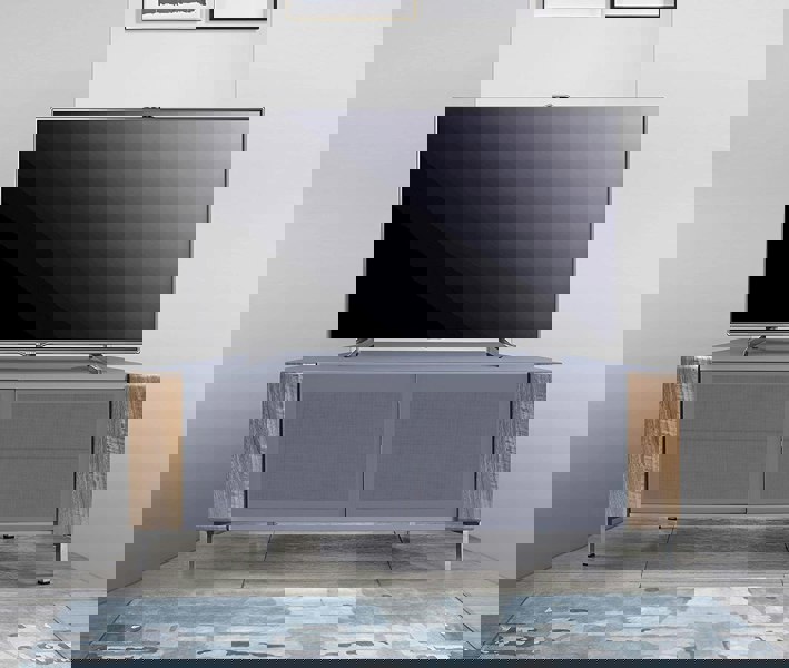 MDA Designs CORVUS Corner-Friendly Grey BeamThru Glass Doors with Walnut Profiles Contemporary Cabinet for Flat Screen TVs up to 50"