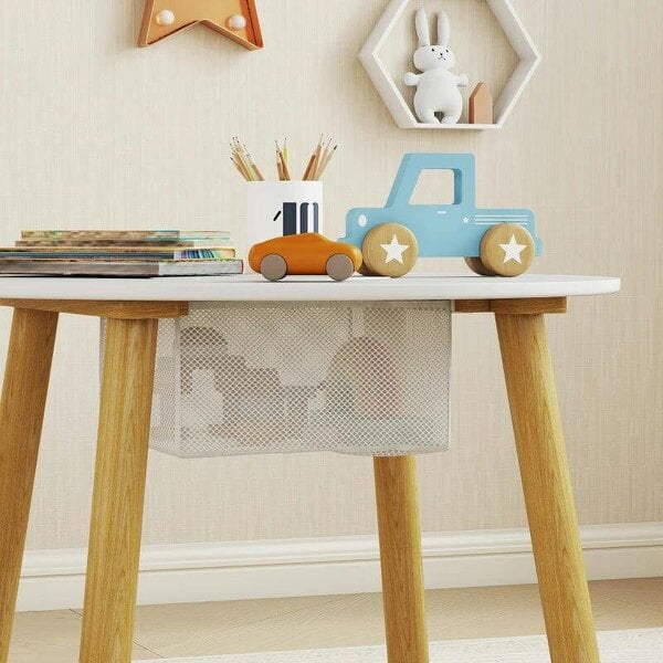 Bobobiy 3-Piece Kids Activity Table Set with Centre Mesh Bag, Bear-Shaped Backrest, for Arts and Crafts, Reading, White