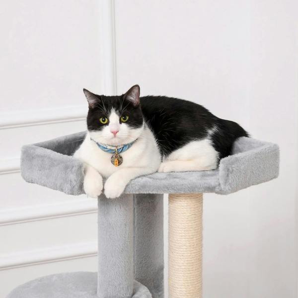 Grey cat tree top perch with plush edge, cream scratching post, and hanging rope