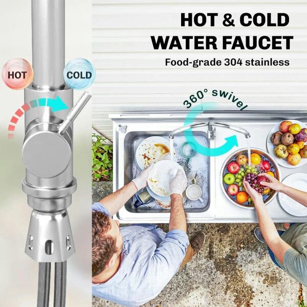 Outdoor Stainless Steel Kitchen Sink, Freestanding Sink Single Bowl with Cold and Hot Water Pipe and Storage Shelves