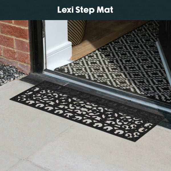 JVL Lexi Wrought Iron Effect Rubber Step Mat, Black, 25x75cm - Set of 2