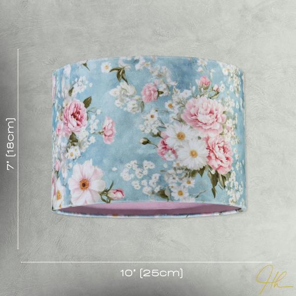 Vintage Chic Sky Blue Velvet Lamp Shade with Pink and White Flowers Image 7
