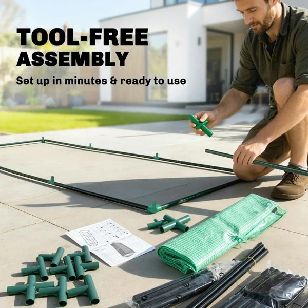 Green mini greenhouse with steel frame and mesh cover parts for tool-free assembly.