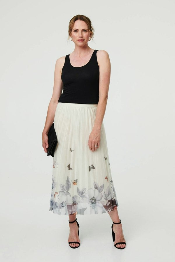 Beige | Butterfly Print Pleated Mesh Midi Skirt
