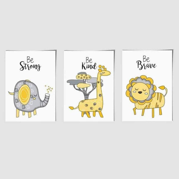 Nursery Set of 3 FRAMED JUNGLE Animals Yellow Art Prints | Artze Wall Art UK
