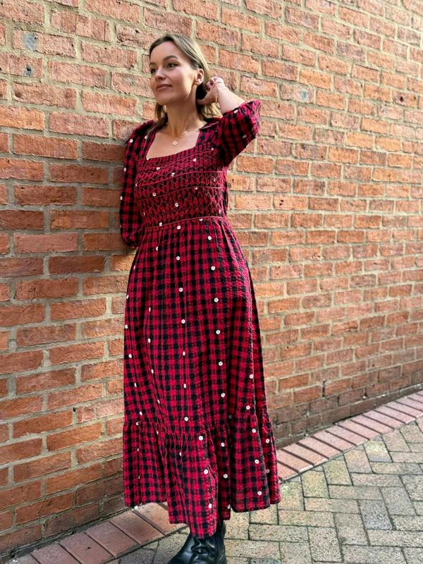 Rose & Nancy Steffi Red and Black Daisy Embroidered Check Maxi Dress