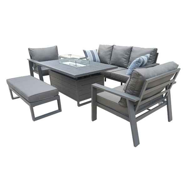 Furniture One 5 PCS Garden Sofa Set, 6 Seater Outdoor Aluminium  Furniture Set with Rising Dining Table, Armchair, 2 Stools