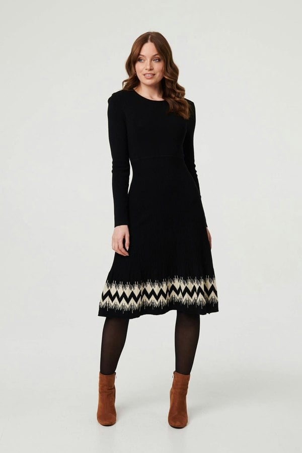 Black | Border Print Knee Length Knit Dress
