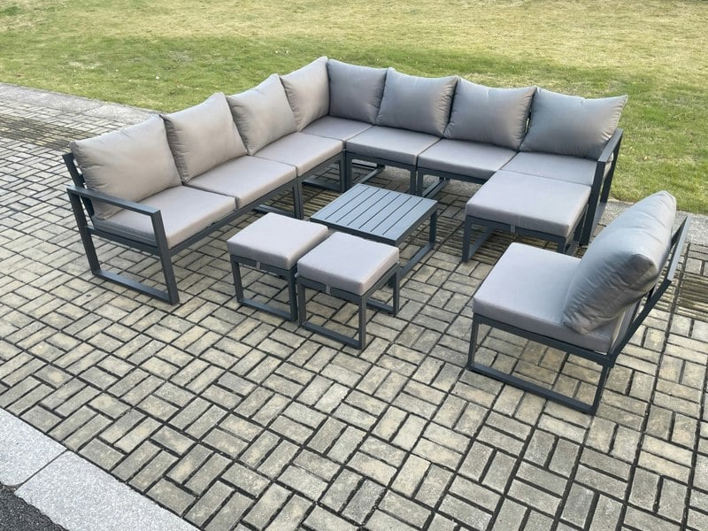 Fimous 11 Seater Patio Outdoor Garden Furniture Aluminium Lounge Corner Sofa Set with Square Coffee Table 3 Footstools Dark Grey