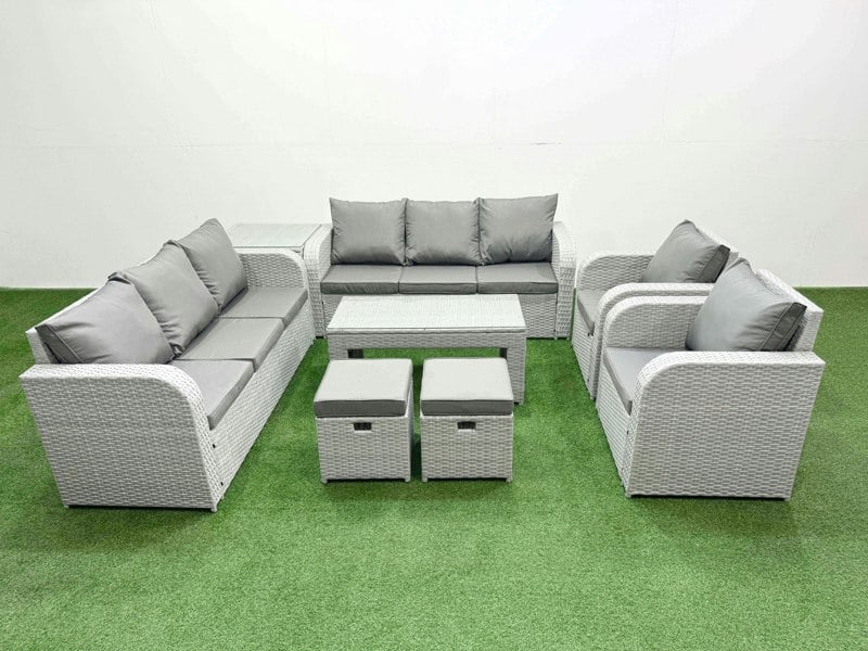 Fimous PE Rattan High Back Lounge Sofa Set Patio Oblong Coffee Table & Chairs Set with 3 Seater Sofa Reclining Chair Stools Side Table Light Grey
