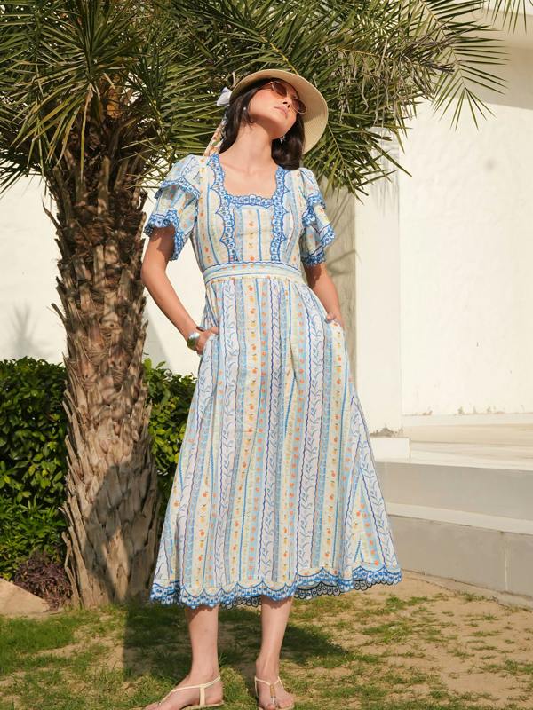 Rose & Nancy Bella Blue and White Ditsy Print Embroidered Midi Dress