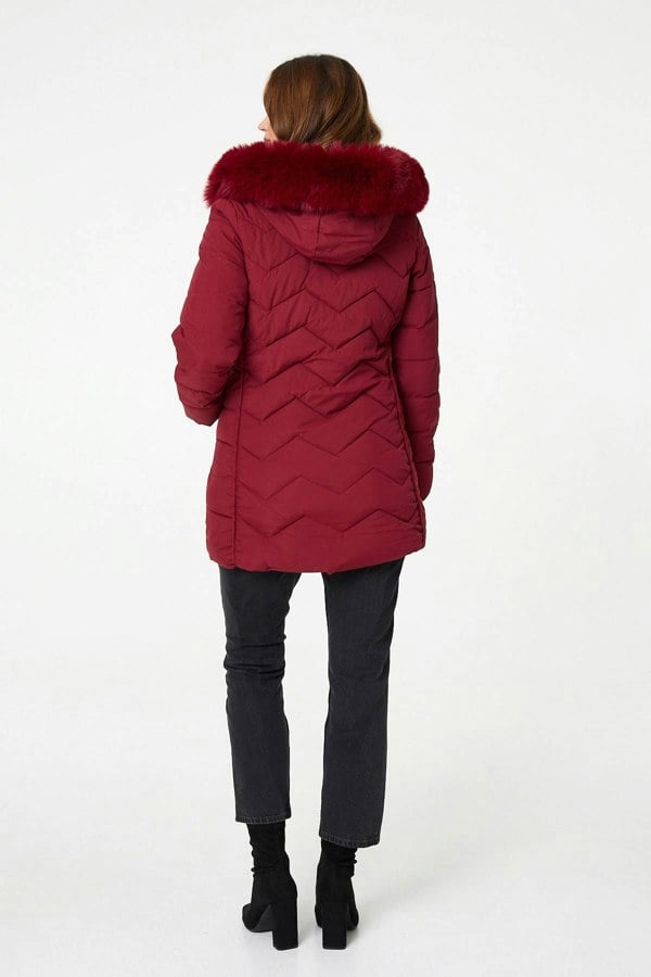 Red | Faux Fur Hood Thigh Length Puffer Jacket

