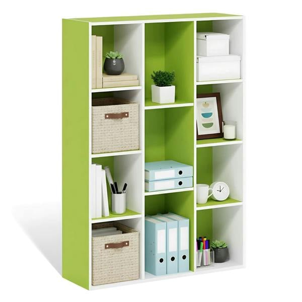 WALPLUS 11-Cube Reversible Open Shelf Bookcase, White/Green 11107WH/GR | Premium Home Interior Decoration