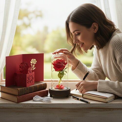 smartbies Enchanted Rose in Glass Gift set With Notebook USB Cable or Battery Powered