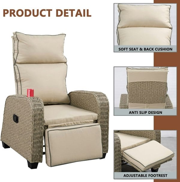 Furniture One Outdoor Wicker 170° Lay Flat Recliner Chair with Soft Cushions, Adjustable Backrest and Footrest - Natural