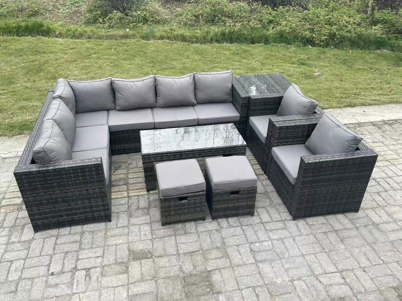 Fimous 10 Seater Rattan Corner Sofa Lounge Sofa Set With Rectangular Coffee Table Side Table 2 Arm Chair and 2 Stools Dark Grey Mixed