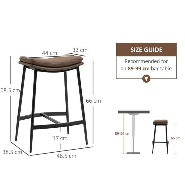 Brown bar stool with curved seat and black steel frame on dimension diagram