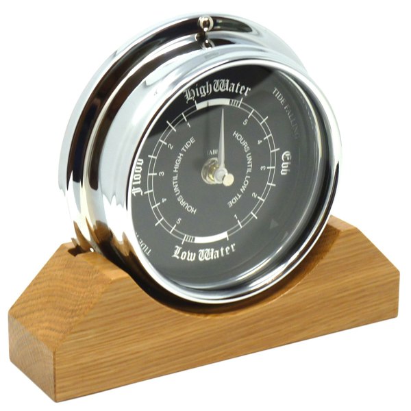 Tabic Handmade Prestige Tide Clock in Chrome on an English Light Oak Mantel/Display Mount