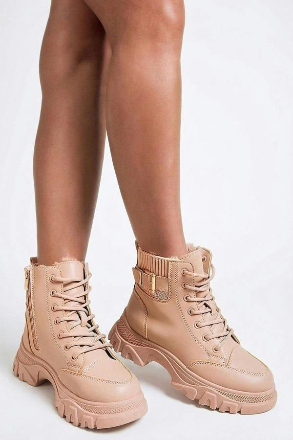 Clarissa Chunky Lace Up Platform Ankle Boots - Beige_wb