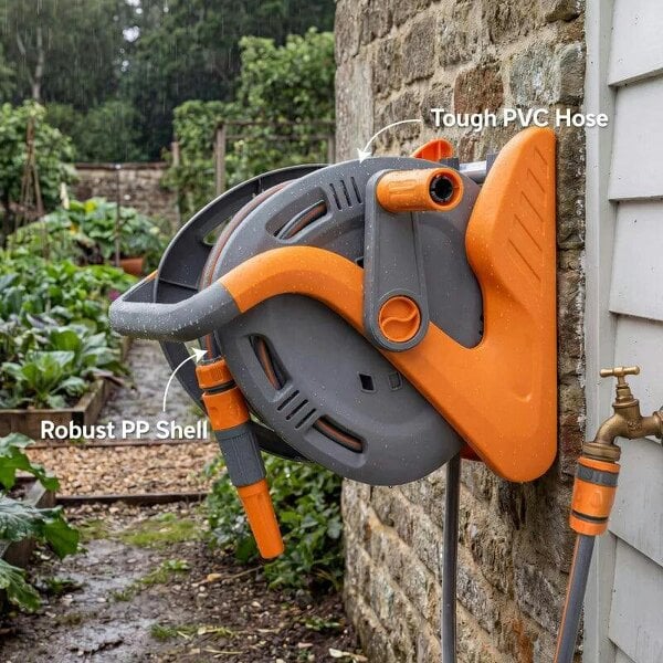Bobobiy Portable Garden Hose Reel, 20+2 m Wall Mounted Hose Reel with 2 Patterns Spray Nozzle and Crank Handle, Orange