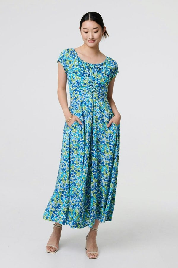 Blue | Ditsy Floral Bardot Smock Midi Dress
