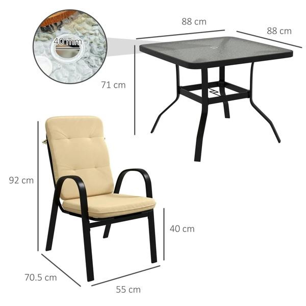 Beige outdoor armchair with black frame beside square dining table, shown with measurements