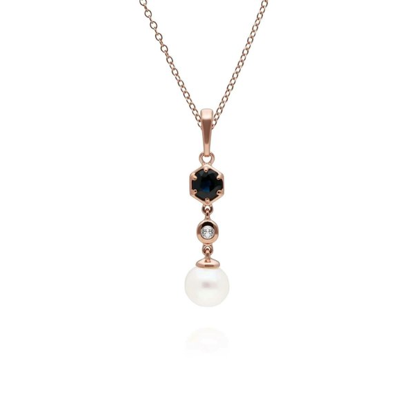 270P030301925-270E030301925 Modern Pearl, Sapphire & Topaz Pendant & Earring Rose Gold Plated Set 2