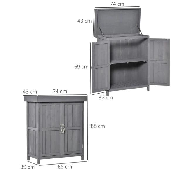 Dark gray wooden storage shed with open roof and front doors, 74 x 43 x 88 cm