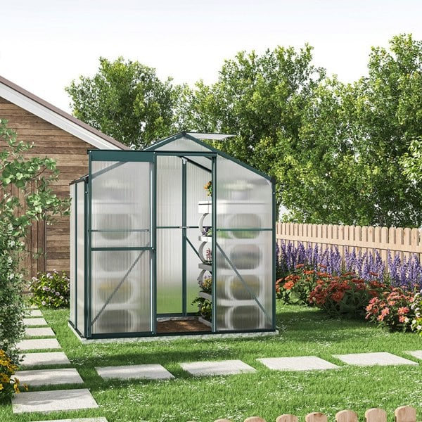 4' x 6' ft Garden Hobby Greenhouse Green Framed with Vent Garden Storages & Greenhouses Living and Home With Base W 190 x L 130 x H 195 cm