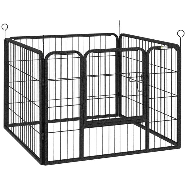 Grey 4-panel foldable dog playpen with wire fence panels and secure door frame