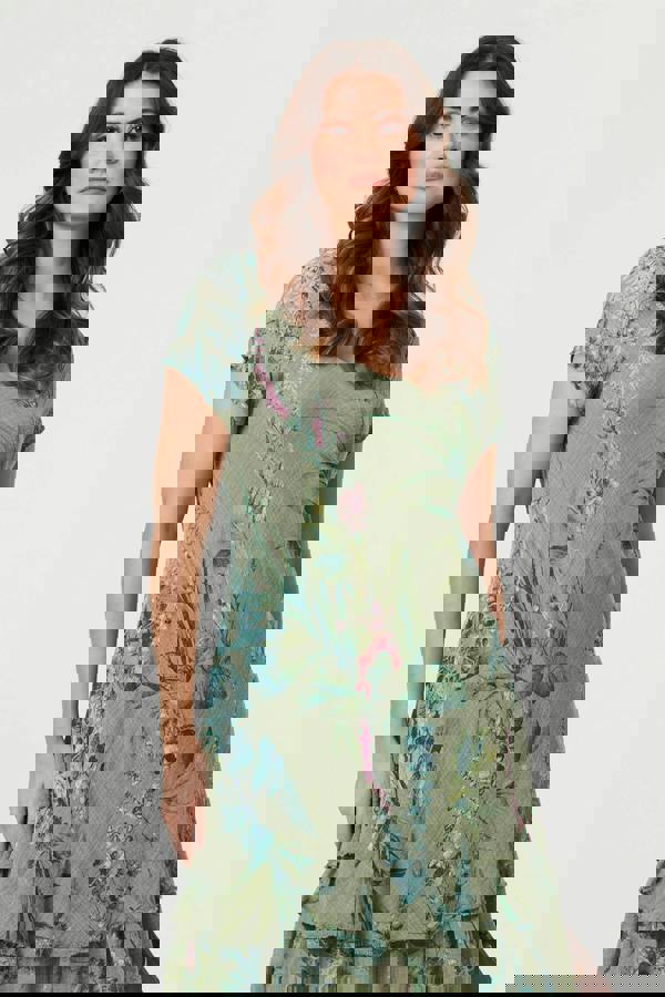 Green | Floral Layered Short Sleeve Midi Dress