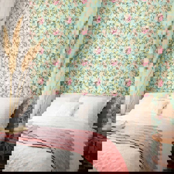 Hoopla Walls Orchid Bloom - Duck Egg & Blush 10m Wallpaper