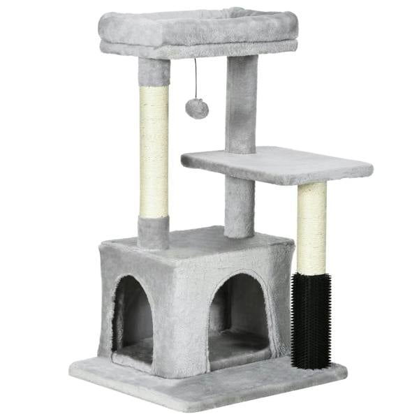 Grey plush cat tree with two platforms, enclosed condos, and hanging ball toy