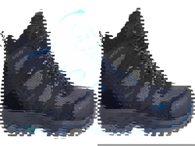 Karrimor Bodmin MID 6 Mens Walking Hiking Lace Up Trekking Boots, black and grey hiking boots with blue accents, lace-up design, and rugged sole suitable for outdoor trekking.