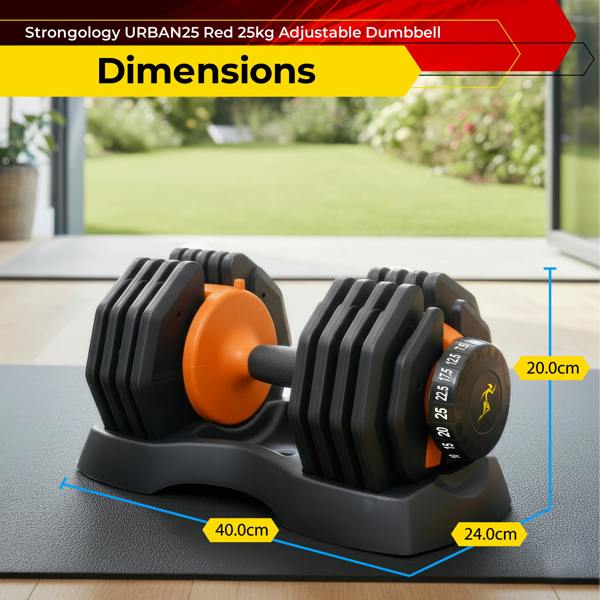 Homeology Urban25 Home Fitness Adjustable Dumbbell from 2.5kg to 25kg Single Training Weights Black Orange