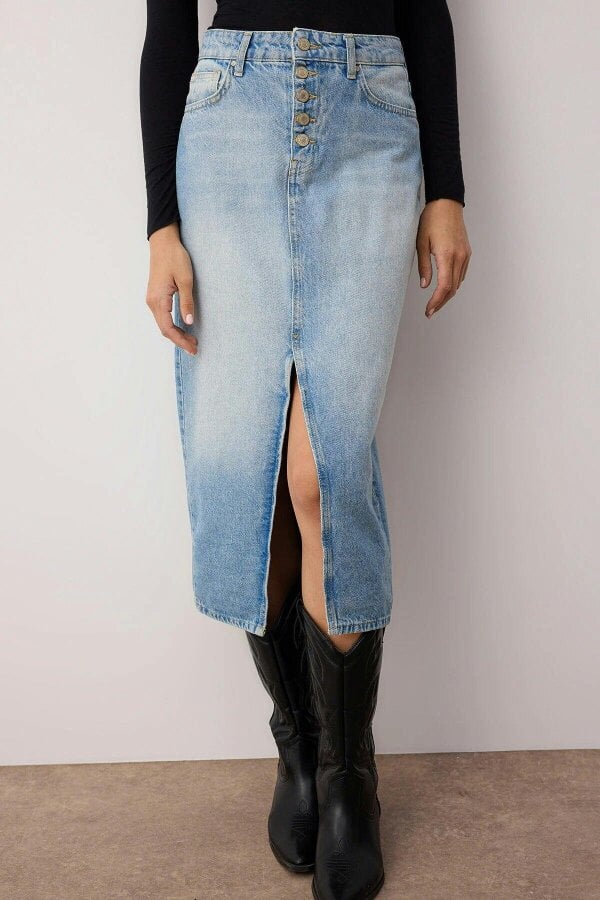 WOVCOR Button Front Split Midi Denim Skirt